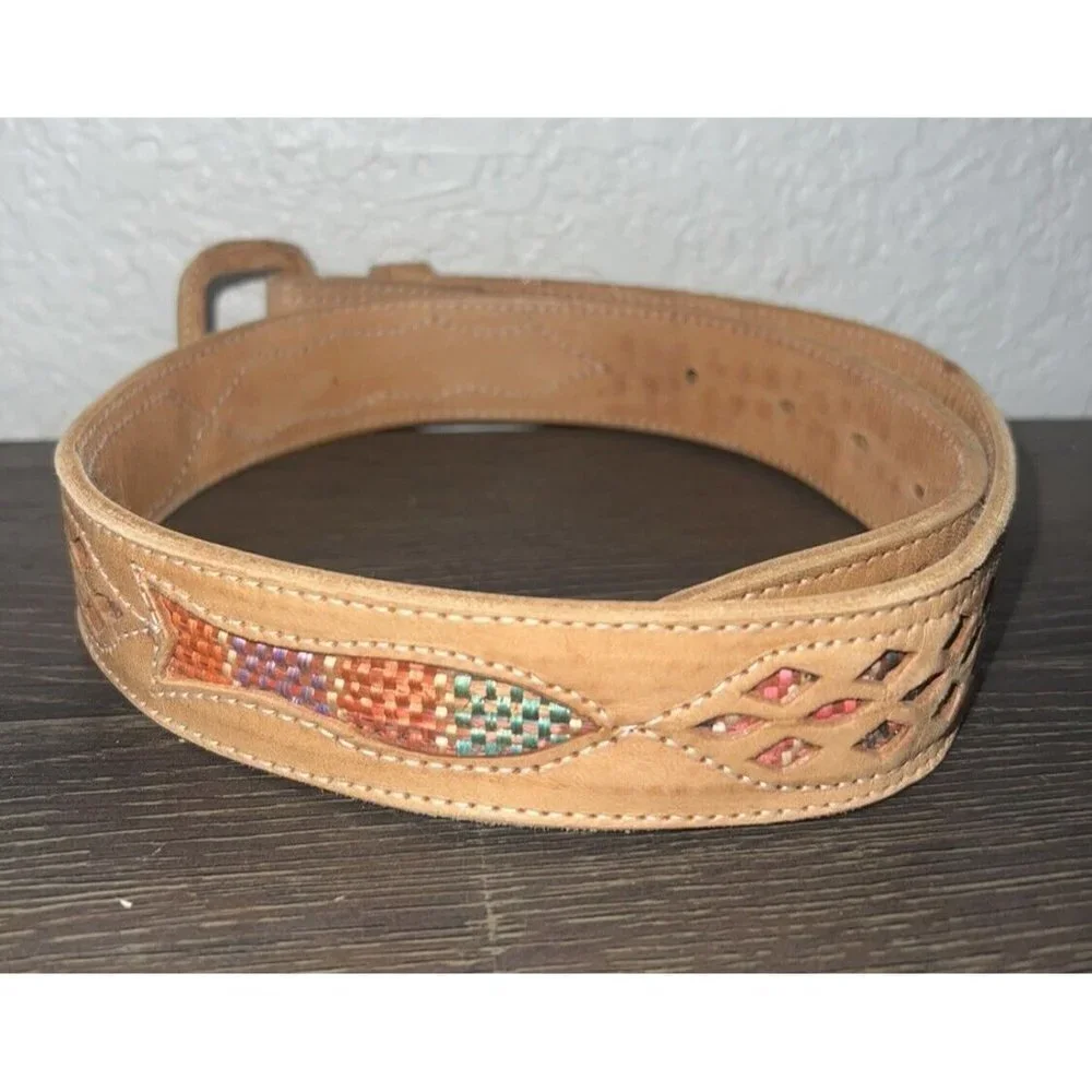 Western Leather Bohemian Belt Lamb Skin Colorful Stitching Size 28 Boho A1